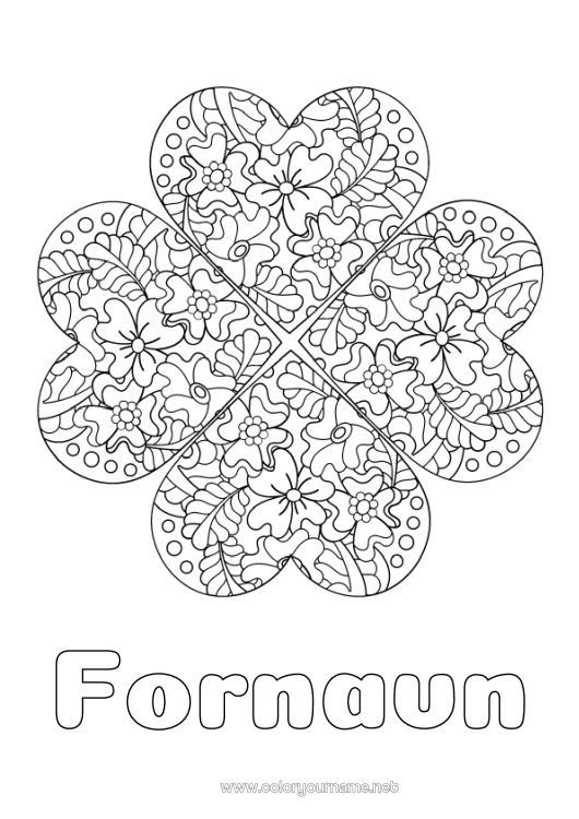 Farvelægningssiden til udskrivning Blomster Mandala Kløver Komplekse farvelægninger Zentangle