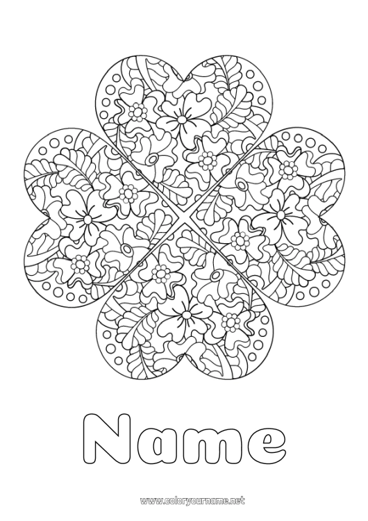 Coloring page to print Flowers Mandala Clover Complex coloring pages Zentangle