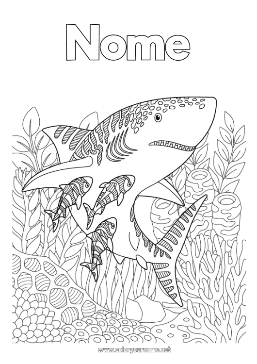 Página de desenho para imprimir Mar Colorações Complexas Tubarão Zentangle Animais marinhos ou aquáticos