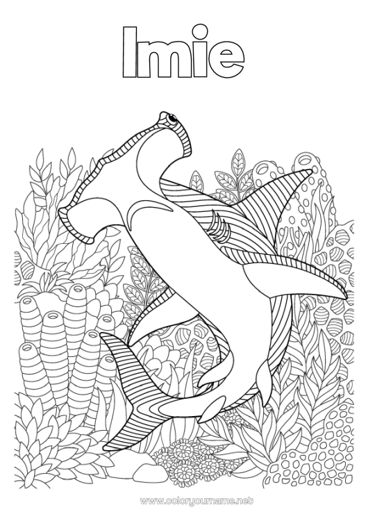 Kolorowanka do wydruku Morze Zwierzę Złożone kolorowanki Rekin Zentangle Zwierzęta morskie lub wodne Rekin młot