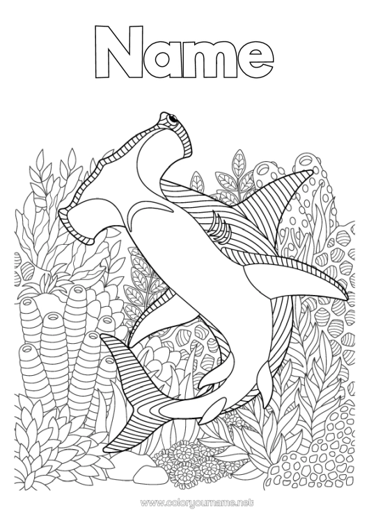 Colouring page to print Sea Animal Complex Colouring Pages Shark Zentangle Marine Or Aquatic Animals Hammerhead Shark