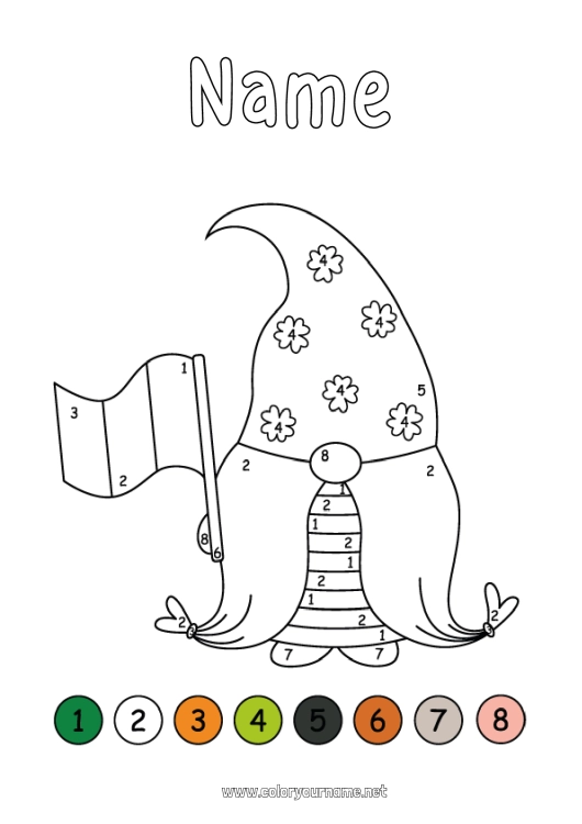 Coloring page to print Coloring by numbers Children's activities Clover Ireland Gnome