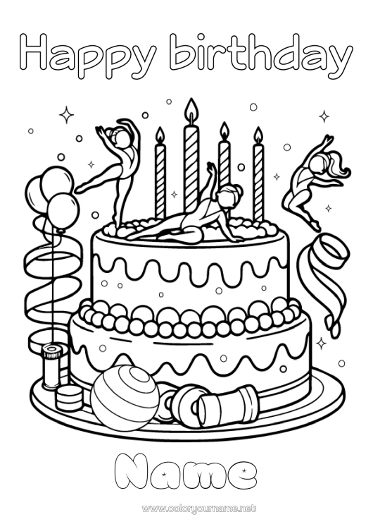 Colouring page to print Candle Cake Sport Birthday Balloons Dance Gymnastics Artistic Sports