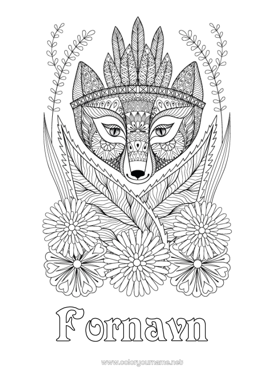 Fargeleggingssiden til utskrift Blomster Rev Dyr Komplekse fargelegginger Zentangle Skogsdyr Amerikanske indianere