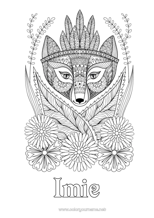 Kolorowanka do wydruku Kwiaty Lis Zwierzę Złożone kolorowanki Zentangle Zwierzęta leśne Indianie Amerykańscy
