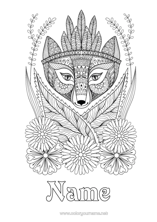 Colouring page to print Flowers Fox Animal Complex Colouring Pages Zentangle Forest Animals American Indians