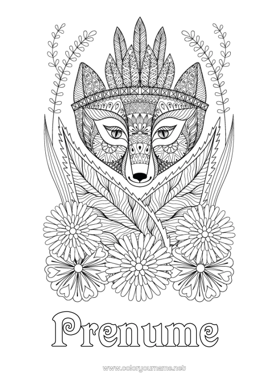 Pagină de colorat de imprimat Flori Vulpe Animal Desene de colorat complexe Zentangle Animale din pădure Indienii Americii