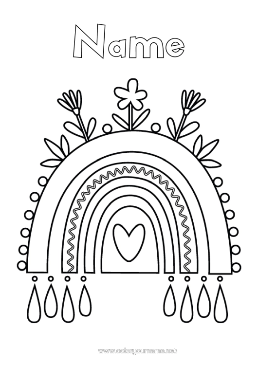 Colouring page to print Flowers Heart Rainbow Easy Colouring Pages