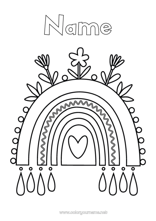 Coloring page to print Flowers Heart Rainbow Easy coloring pages