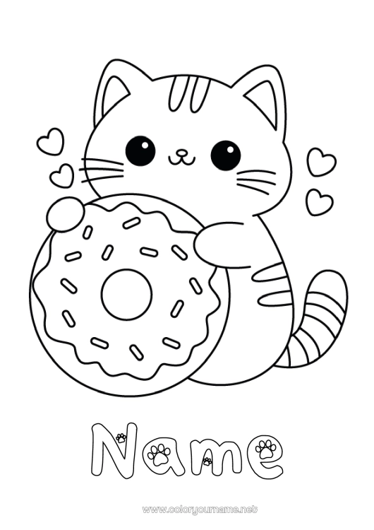 Coloring page to print Cute Cat Kawaii Donuts Easy coloring pages Dog and cat