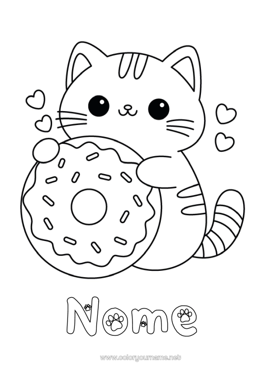 Página de desenho para imprimir Fofo Gato Kawaii Rosquinhas Desenhos para colorir fáceis Cães e gatos