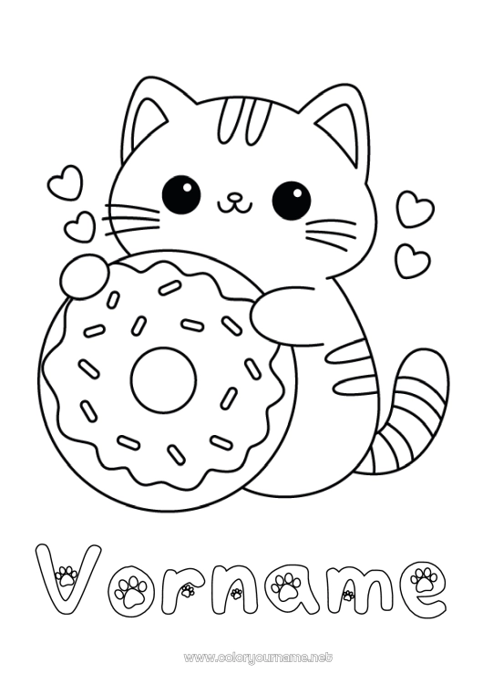 Malvorlage zum Ausdrucken Niedlich Katze Kawaii Donuts Einfache Ausmalbilder Hunde und Katzen