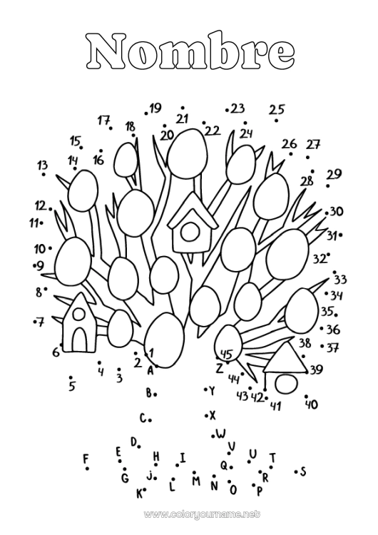 Dibujo para colorear para imprimir Actividades para niños Une los puntos Alfabeto Huevos de Pascua Pascua de Resurrección Árbol