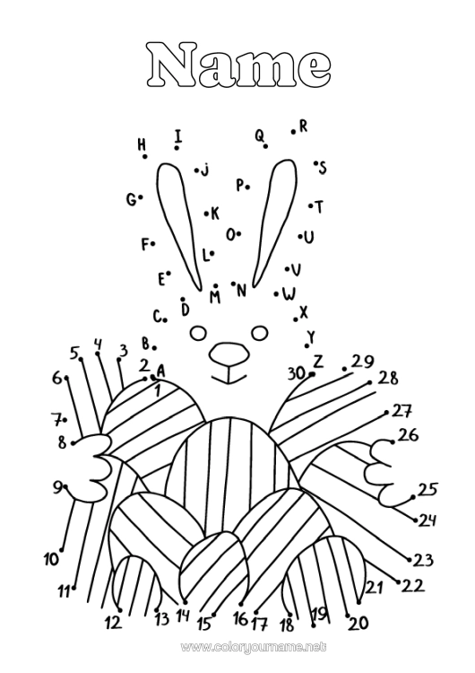 Colouring page to print Rabbit Children's Activities Connecting Points Alphabet Easter Eggs Easter Forest Animals Connect The Numbers