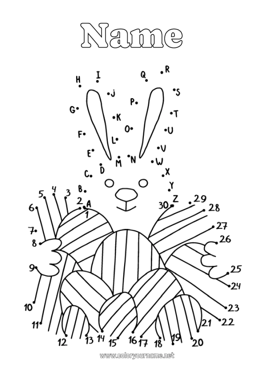 Coloring page to print Bunny Children's activities Connect the dots Alphabet Easter eggs Easter Forest animals