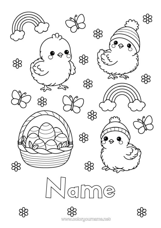 Colouring page to print Chick Butterfly Animal Rainbow Easter Eggs Easter Basket Insects Farm Animals