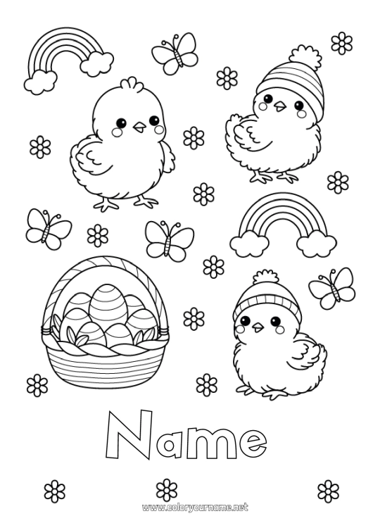 Coloring page to print Chick Butterfly Animal Rainbow Easter eggs Easter Basket Insects Farm animals