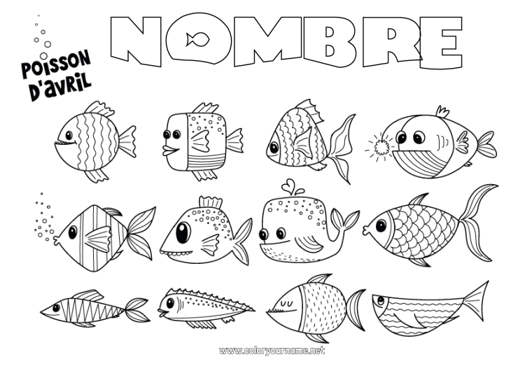 Dibujo para colorear para imprimir Actividades para niños Pescado Día de los Inocentes Animales marinos o acuáticos