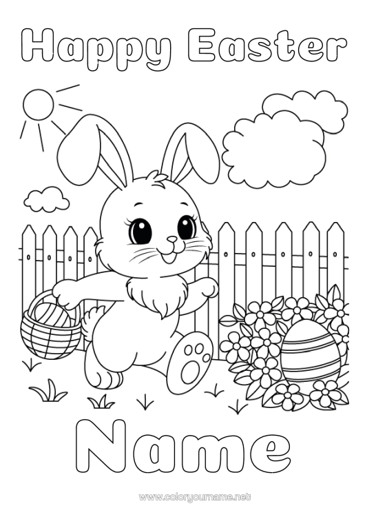 Colouring page to print Flowers Rabbit Easter Eggs Easter "Happy Easter" Message Forest Animals