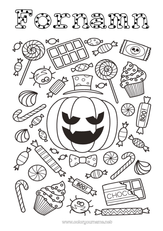 Färgläggningssida att skriva ut Godis Pumpa Halloween Jack O'Lantern Gottigheter, sötsaker Slickepinne