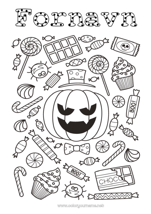 Fargeleggingssiden til utskrift Godteri Gresskar Halloween Jack O'Lantern Godbiter, søtsaker Smokk