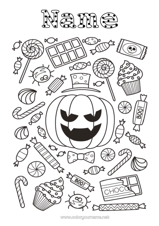 Colouring page to print Sweets Pumpkin Halloween Jack O'lantern Treats, Sweets Pacifier