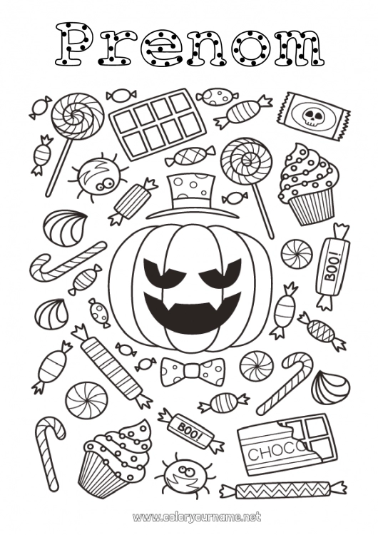 Coloriage à imprimer Bonbons Citrouille Halloween Jack O'Lantern Gourmandises, sucreries Sucette