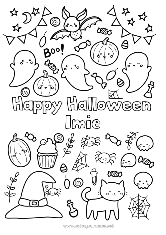 Kolorowanka do wydruku Duch Potwór Czarownica Halloween Symbole Kolorowanki pośrednie Napis 'halloween'