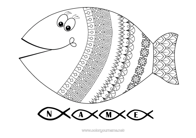 Coloring page to print Animal Fish April Fools' Day Zentangle Marine or aquatic animals