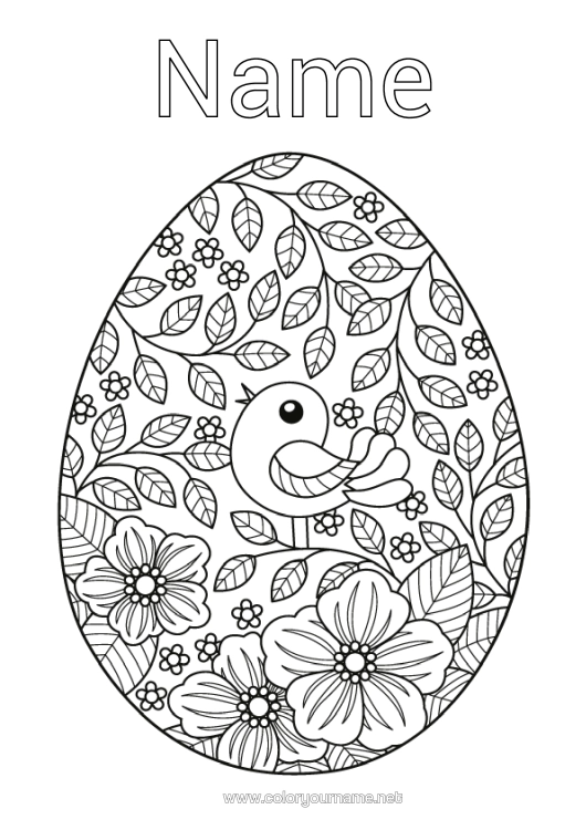 Colouring page to print Flowers Bird Spring Easter Eggs Easter Large Easter Egg Anti-Stress Birds And Flying Mammals