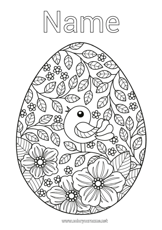 Coloring page to print Flowers Bird Spring Easter eggs Easter Big easter egg Antistress Flying birds and mammals