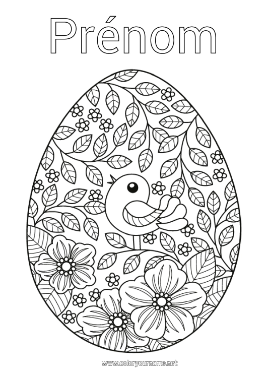 Coloriage à imprimer Fleurs Oiseau Printemps Oeufs de Pâques Pâques Gros oeuf de Pâques Anti-stress Oiseaux et mammifères volants