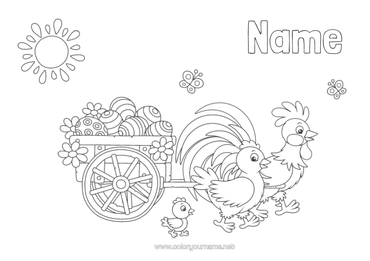 Colouring page to print Hen Spring Chick Animal Rooster Easter Eggs Easter Farm Animals