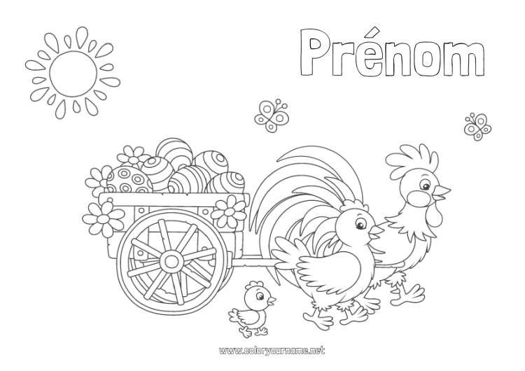 Coloriage à imprimer Poule Printemps Poussin Animal Coq Oeufs de Pâques Pâques Animaux de la ferme