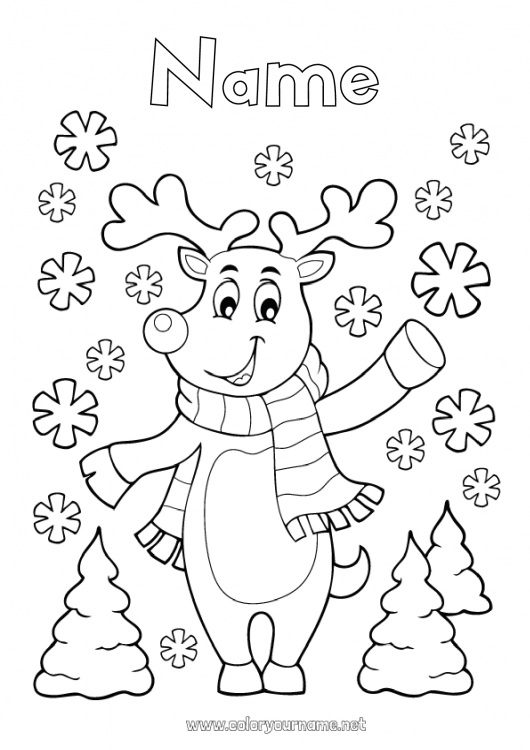 Coloring page to print Snow Winter Reindeer Christmas Forest animals