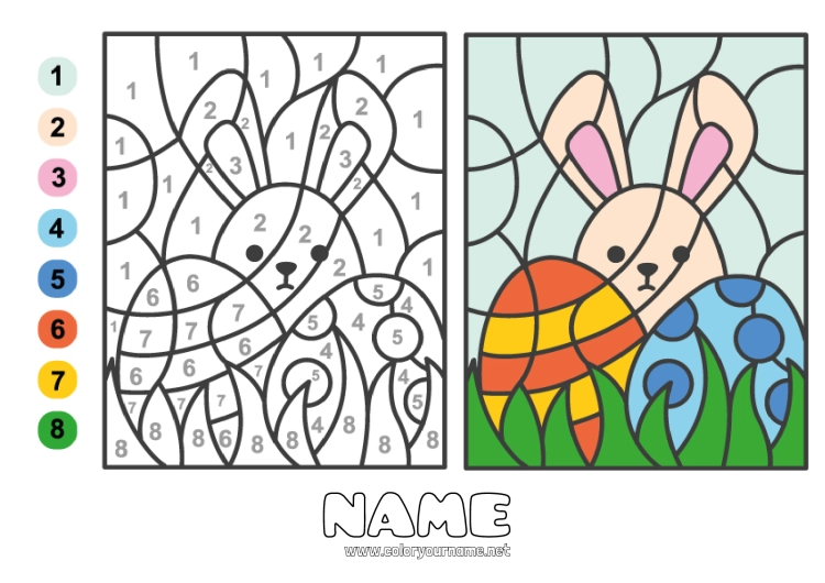 Coloring page to print Number Bunny Coloring by numbers Children's activities Easter eggs Easter Forest animals