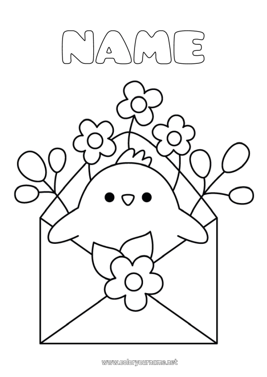 Coloring page to print Flowers Kawaii Spring Chick Envelope Farm animals