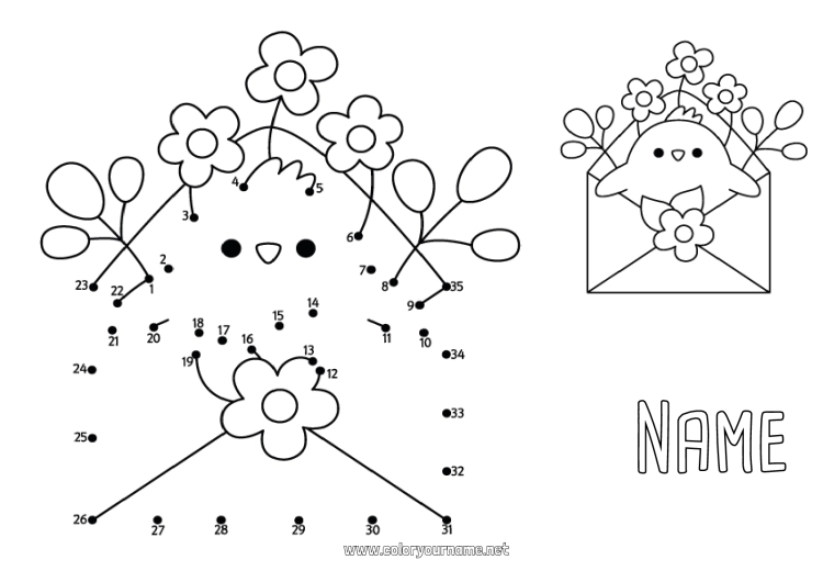 Coloring page to print Flowers Number Spring Chick Children's activities Connect the dots Envelope Farm animals