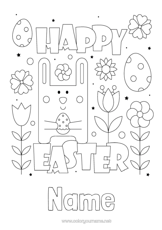 Colouring page to print Rabbit Easter Eggs Easter "Happy Easter" Message Forest Animals
