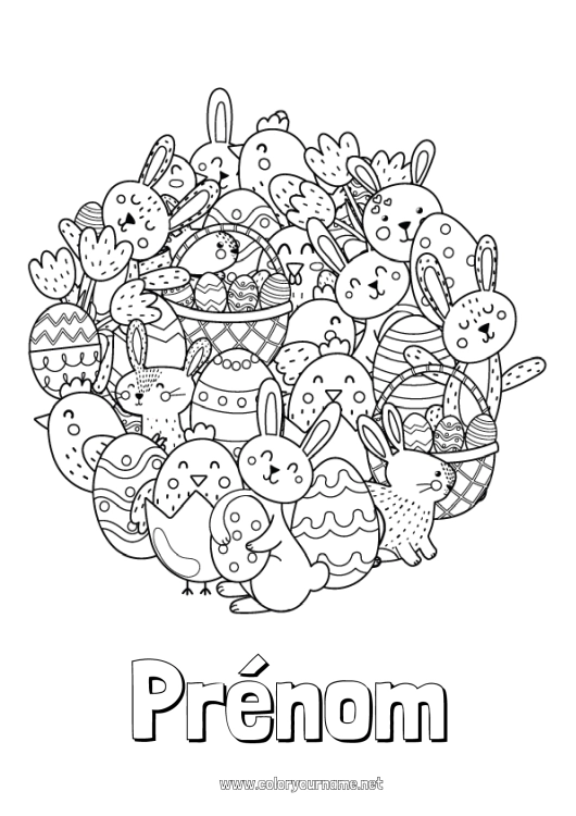 Coloriage à imprimer Lapin Oeufs de Pâques Pâques Doodle Animaux de la forêt