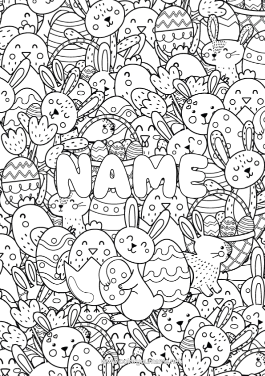 Colouring page to print Chick Rabbit Decorated Name Easter Eggs Easter Doodle Farm Animals Forest Animals
