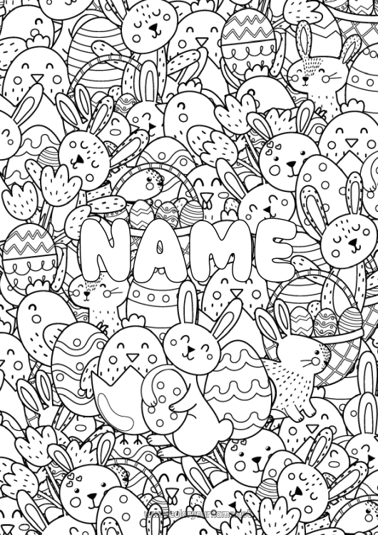 Coloring page to print Chick Bunny Decorated name Easter eggs Easter Doodle Farm animals Forest animals