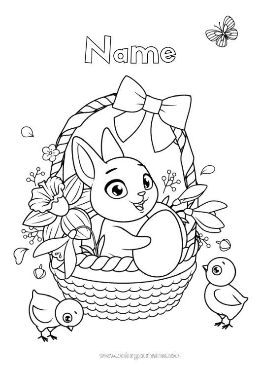 Colouring page to print Flowers Spring Chick Rabbit Animal Easter Basket Daffodils Farm Animals Forest Animals Egg