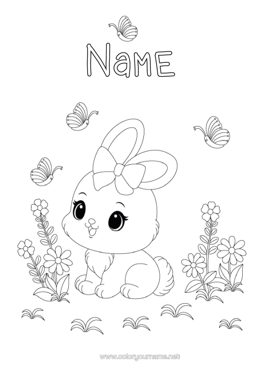 Colouring page to print Cute Flowers Spring Rabbit Butterfly Animal Easter Insects Forest Animals
