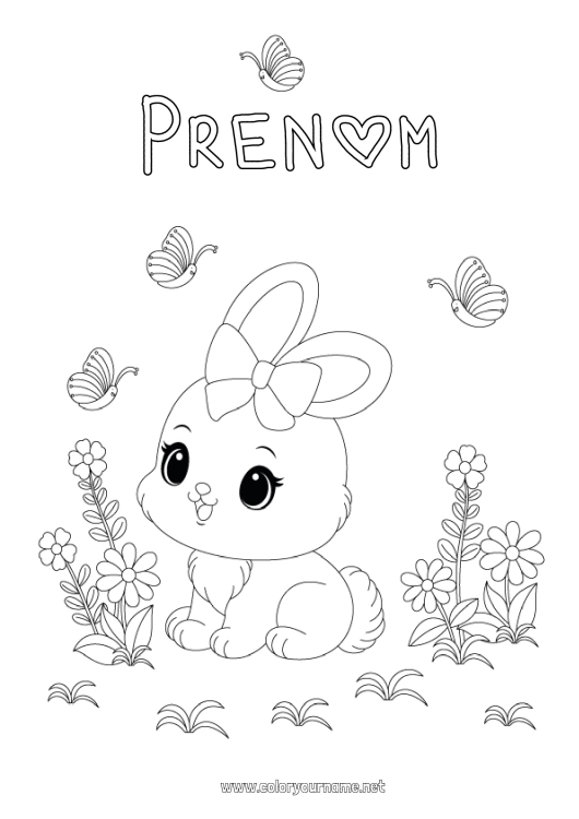 Coloriage à imprimer Mignon Fleurs Printemps Lapin Papillon Animal Pâques Insectes Animaux de la forêt