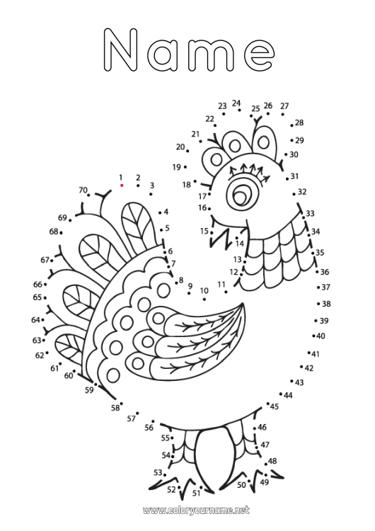 Coloring page to print Number Hen Children's activities Connect the dots Farm animals