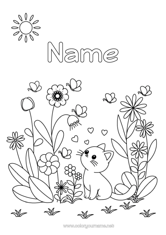 Colouring page to print Cute Flowers Cat Spring Butterfly Animal Insects Dogs And Cats