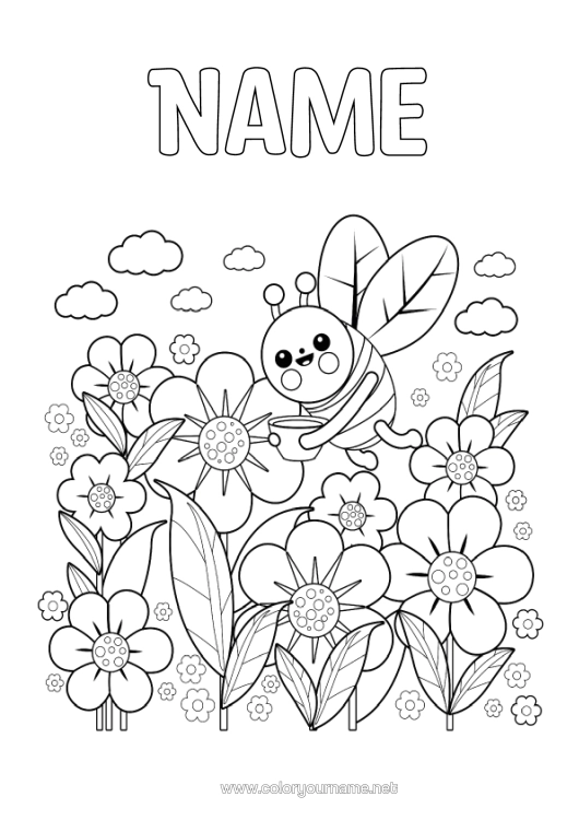 Colouring page to print Flowers Summer Spring Animal Bee Insects