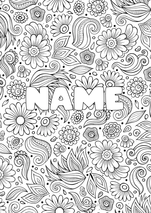 Colouring page to print Flowers Calm And Zen Spring Leaves Decorated Name Anti-Stress