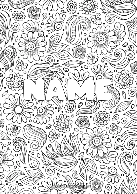 Coloring page to print Flowers Calm and zen Spring Leaves Decorated name Antistress